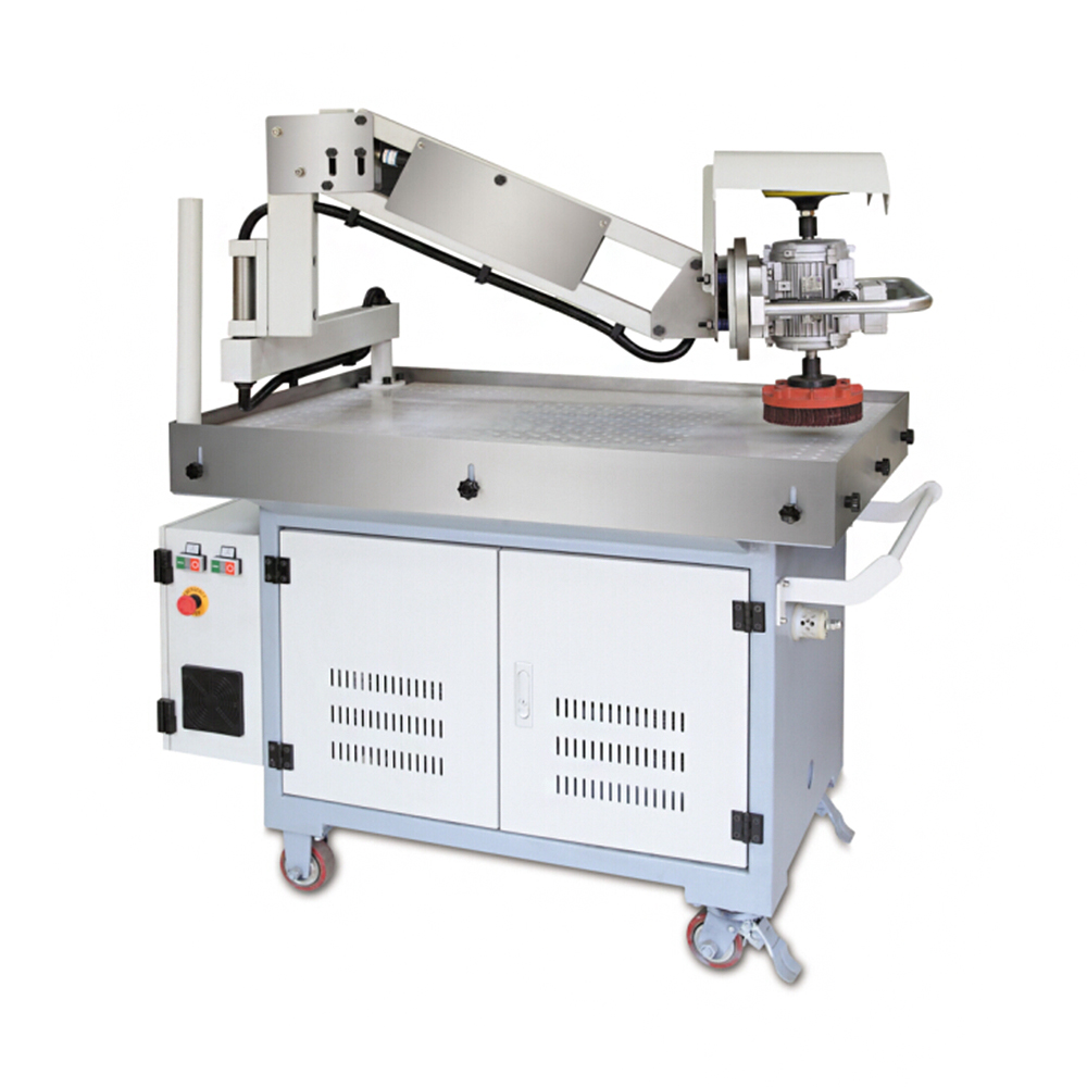 Flexible swing arm deburring and edge rounding machine with vacuum working table